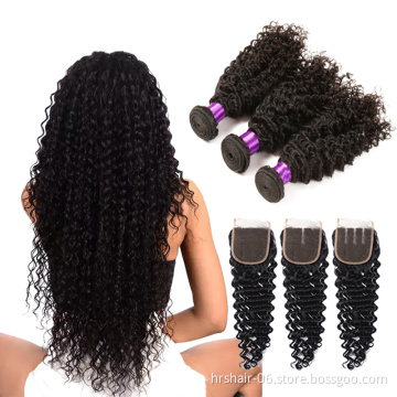 Brazilian Virgin Hair With Closure Deep Wave With Closure Queen Hair Products Human Hair Bundles With Closure